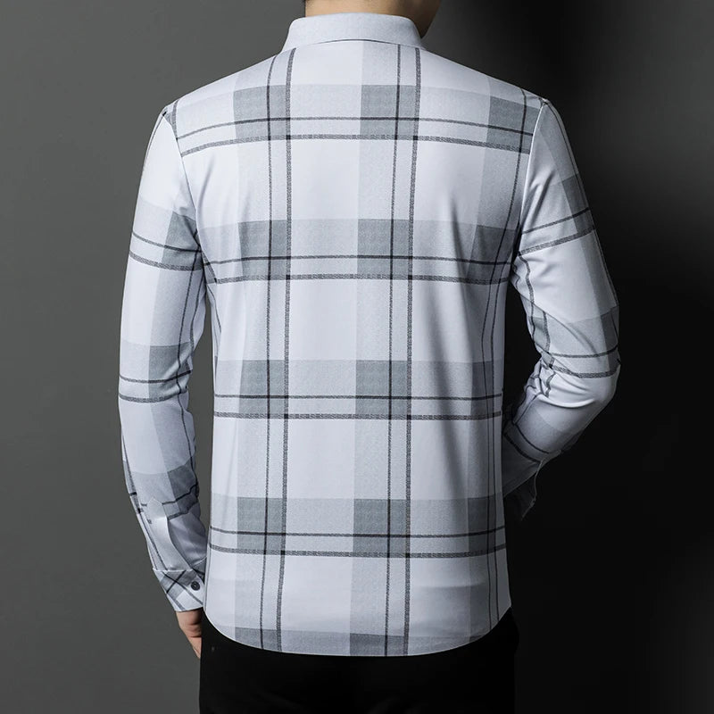 MLSHP Plaid Allover Printed Seamless Men's Dress Shirts Luxury Long Sleeve Single Breasted Business Casual Male Shirts