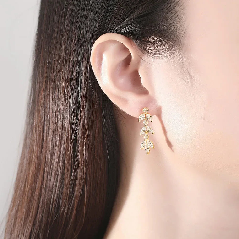 Shiny Crystal Leaf Zircon Long Dangle Stud Earrings for Women