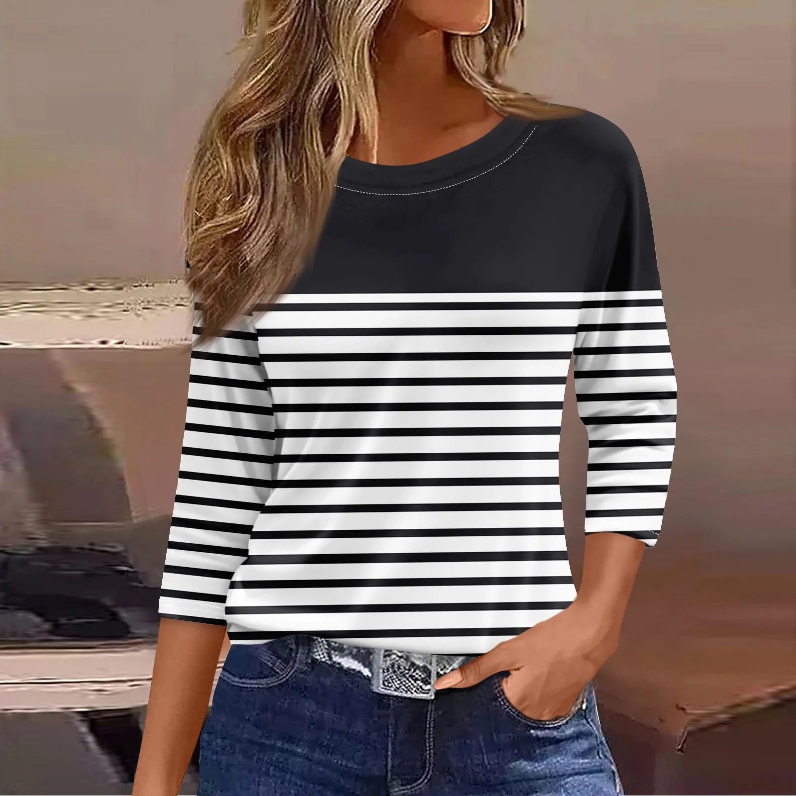 Blouse Woman Trend Women's Fashion Casual Round Neck 3/4 Sleeve Loose  Printed T-Shirt