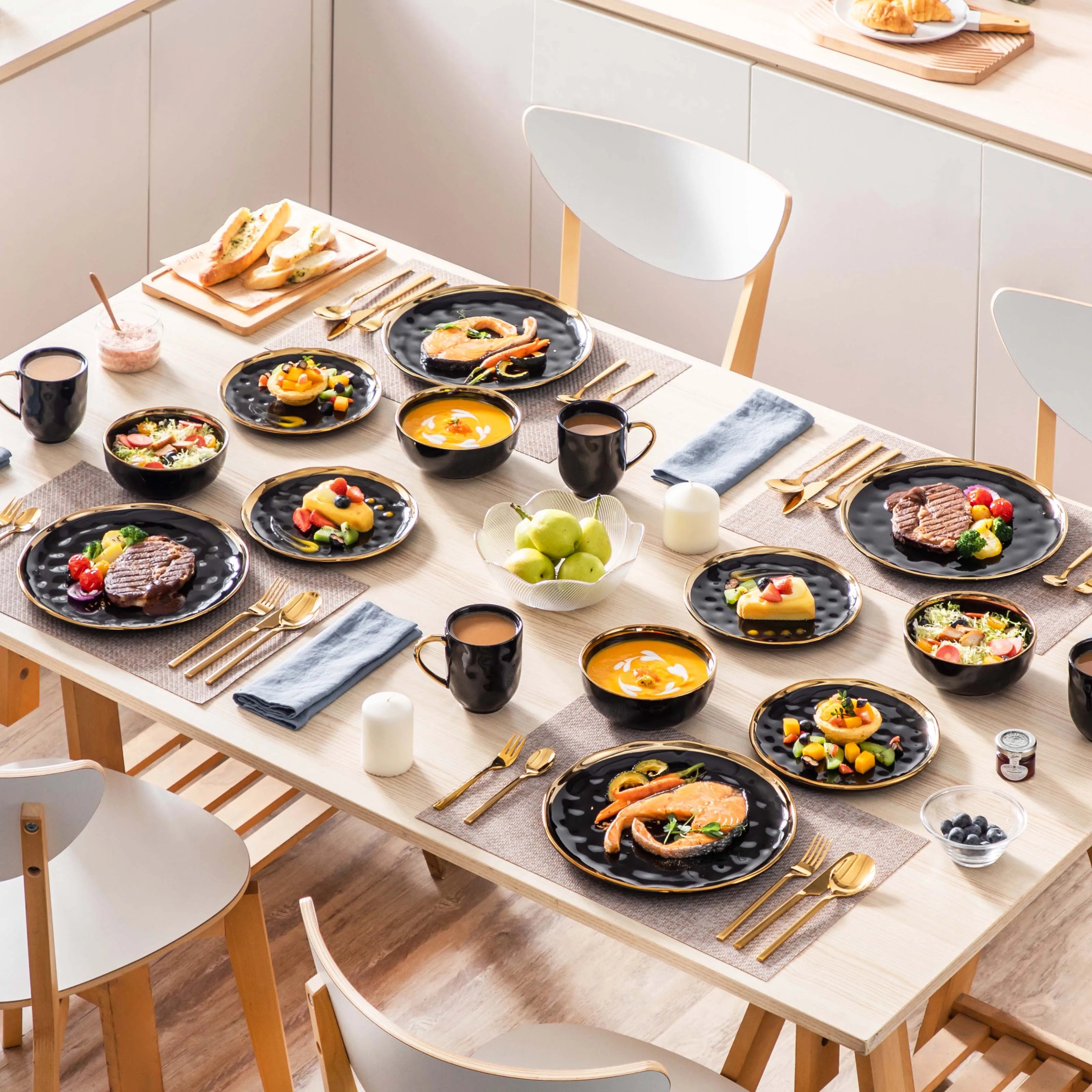 Porcelain Dinnerware Set with Gold Trim Dessert Plate,Dinner Plate,Cup,Bowl Tableware Set