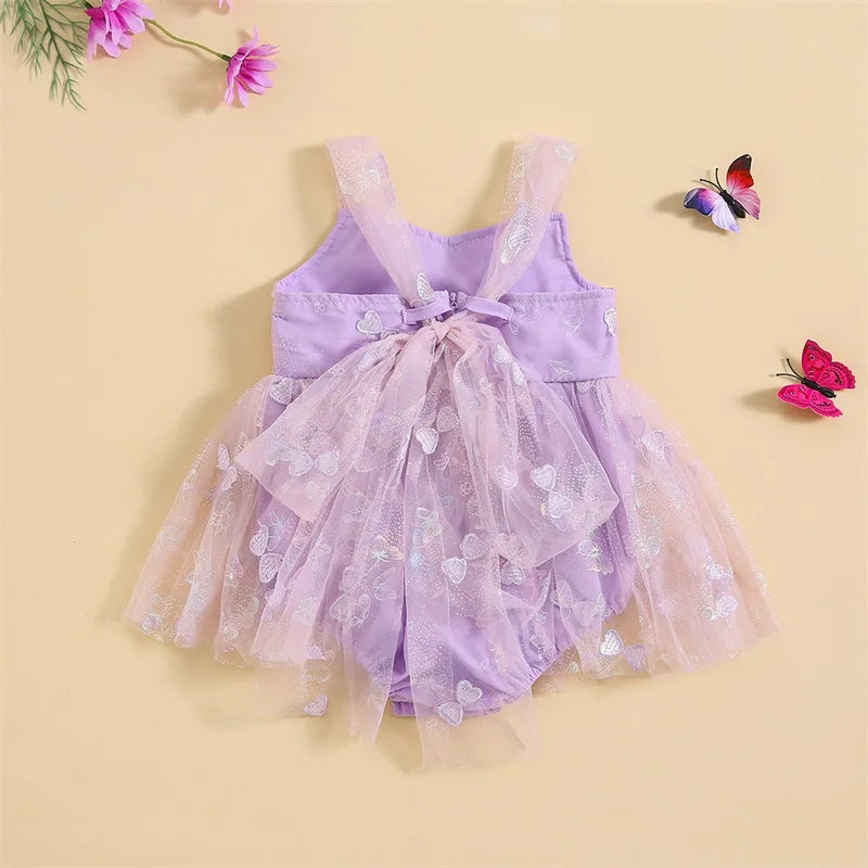 New Born Infant Baby Girls Sleeveless Mesh Butterfly Dress Romper Purple Bodysuit Skirt Sling Princess Dress