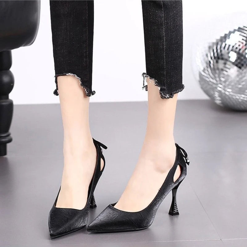 High Heels Shoes for Women Autumn Fashion Hollow Bow Pumps Solid Color Birthday Party Shoes