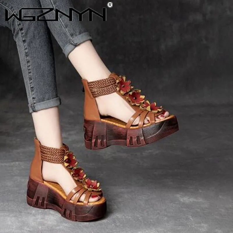 Summer Women Flowers Sandals Genuine PU Leather Open Toe Shoes Casual High Heel Wedges