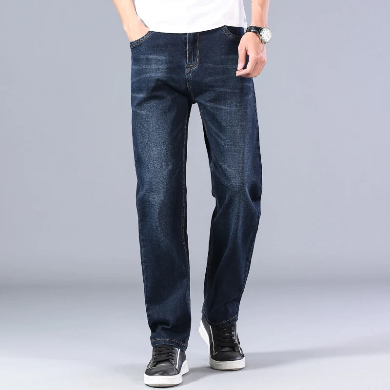 SHAN BAO cotton stretch men's straight loose loose summer thin jeans  spring classic brand casual lightweight jeans blue