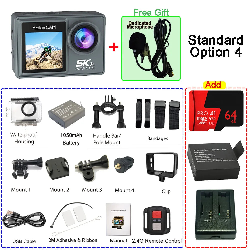 5K 4K60FPS Action Camera Dual IPS Touch LCD EIS 170° DVR 30M Waterproof 5X Zoom Sport Camera