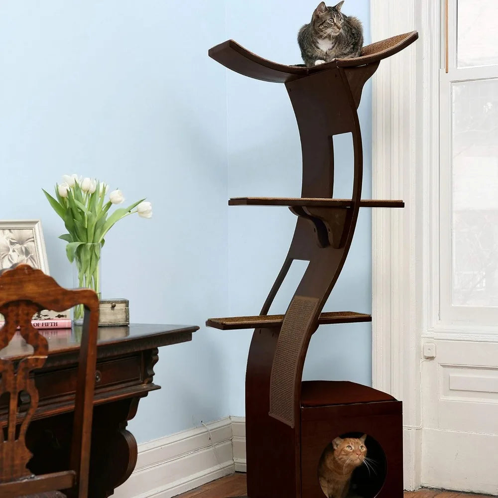 69 Inch Tall Smoke Gray Lotus Cat Tower, Multi-Level Modern Cat Tree for Indoor Cats with Scratching Post