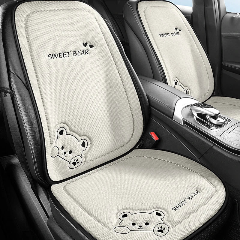 Car Seat Cushion Linen Cartoon Bear Women's Cute Anti-slip Breathable Car Seat Protect Cushion Cover