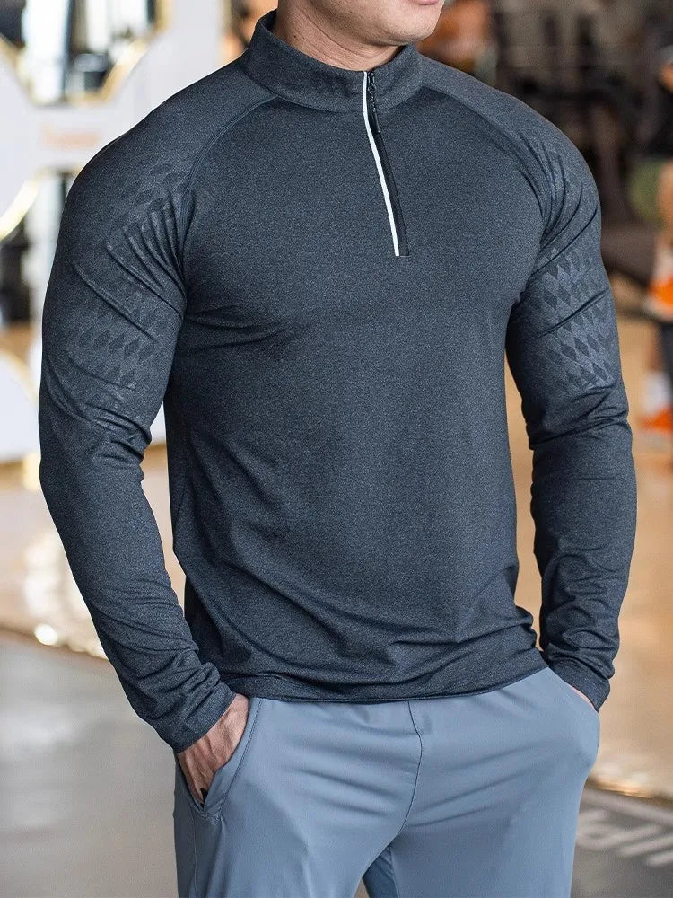 Long Sleeve Tees elastic fit Sports training Fitness Quick dry Zip collar Polo T Shirt