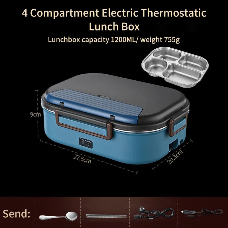 Electric Heated Lunch Boxes Stainless Steel Food Insulation Bento Lunch Box Home Car Keep Warm Lunch Box 1.2L, 12V/220V