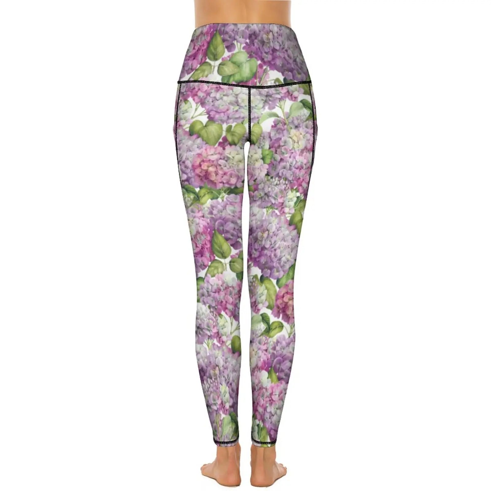 Hydrangea Floral Quality Yoga Pants Pink Lavender Print Leggings High Waist Workout Leggins Lady Funny Elastic Sport Legging