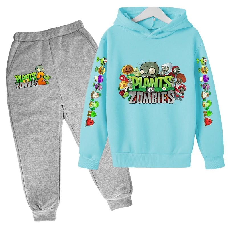 Kids Hooded Pullover Popular Game Plants vs. Monster Print Boys/Girls Top/Pants Clothing Set