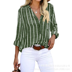 Women's New Spliced V-neck Button Pocket Striped Simple and Fashionable Printed Striped Shirt