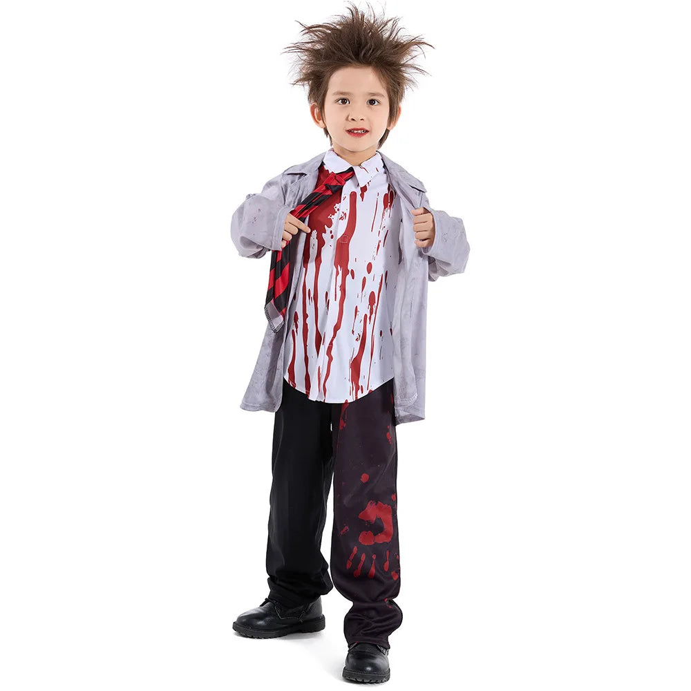 Boys Halloween Bloody Zombie Walking Dead Costumes Kids Children Vampire Student Cosplay Carnival Purim Role Playing Party Dress