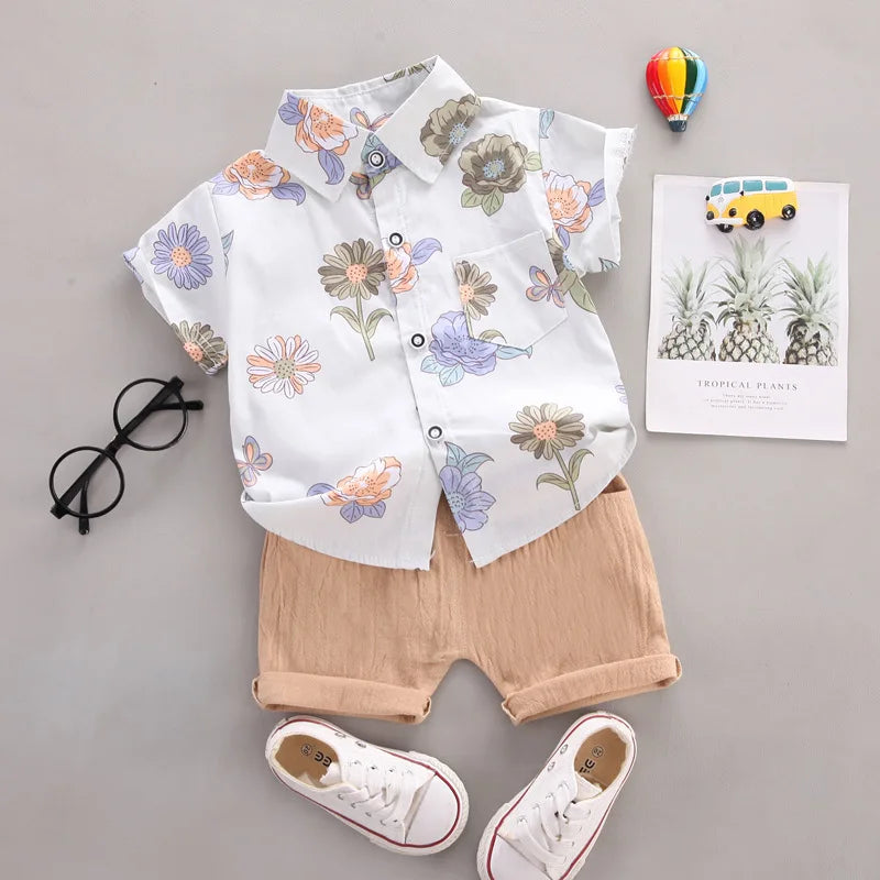 Summer Boys Clothes Set Kids Short Sleeve Flower Shirt Shorts 2pcs Baby Boy Clothing