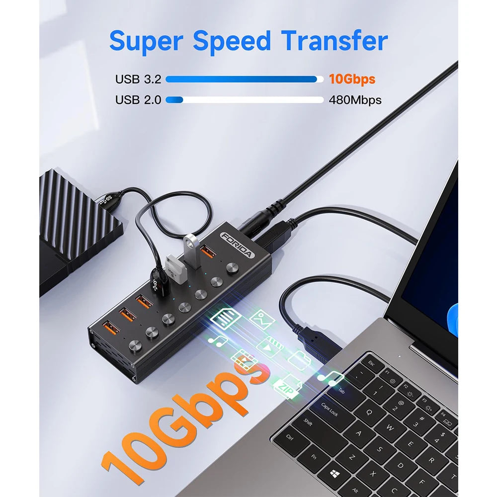 FORIDA USB 3.2 Hub 10Gbps 4/7 Port USB Splitter with Individual LED Switches and 12V Power Adapter