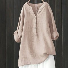 Cotton Linen Shirts Casual Loose Blouse Blended Oversize Long Sleeved V Neck Tops