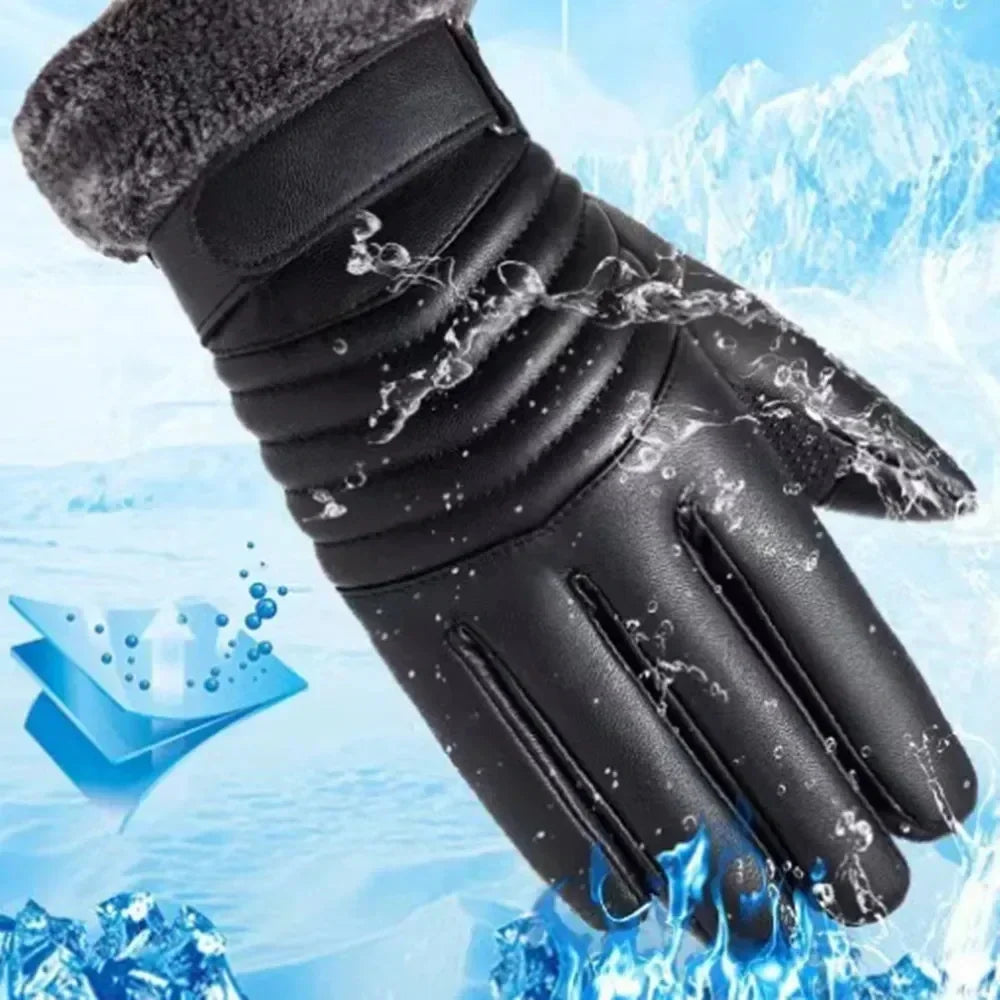 Motorcycle Cycling Fleece Warm Snow Sports Gloves Winter Snowboard Ski Gloves Unisex PU Leather Non-slip Touch Screen Waterproof