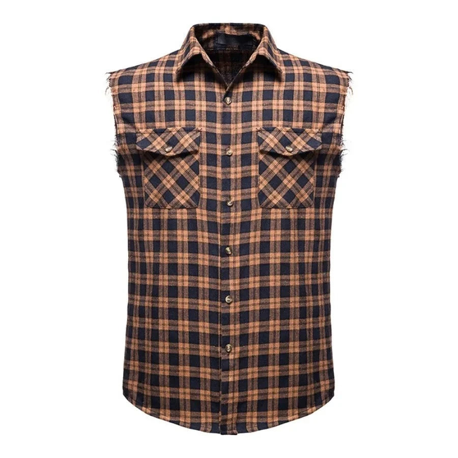 Men's Plaid Sleeveless Vests Turn-down Collar Shirts Vest Casual Single-breasted Plaid Tank Top