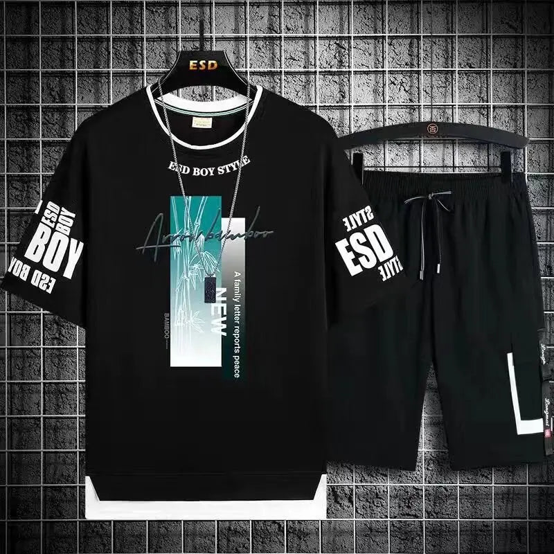 Mens Summer Short Sets Graphics T-shirt+Shorts Two Piece Set