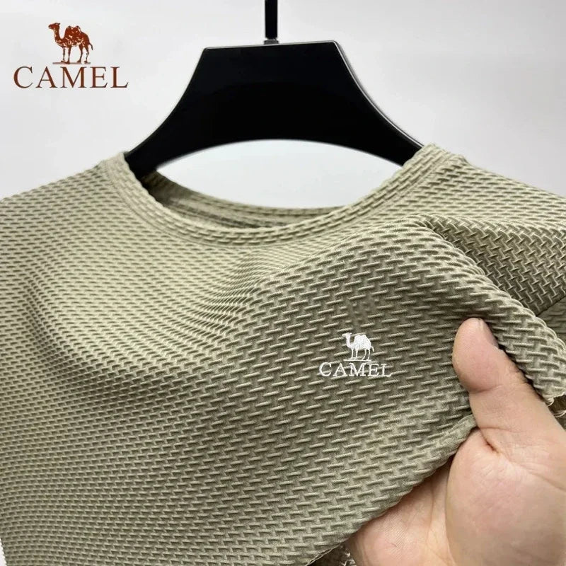 High End Embroidered CAMEL Ice Silk Mesh Short Sleeved T-shirt for Men's