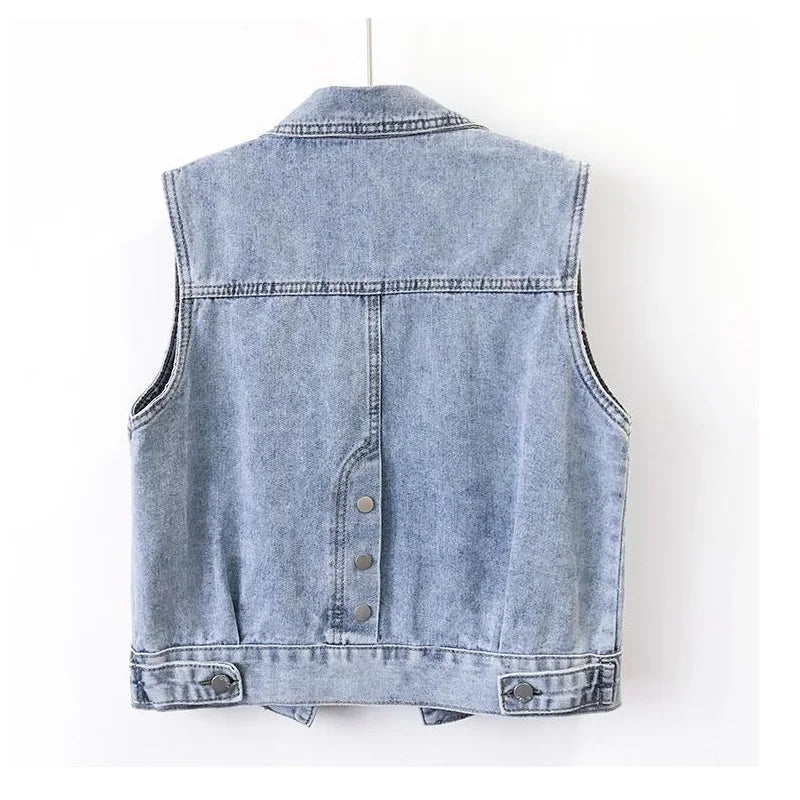 Fashion Design Sequins Denim Vest Summer Autumn Women's Waistcoat