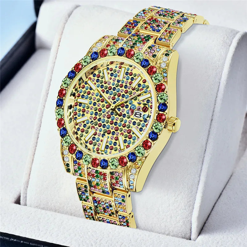 Men Fashion Alloy Band Hip Hop Diamond Big Brand Golden Date Quartz Wristwatch