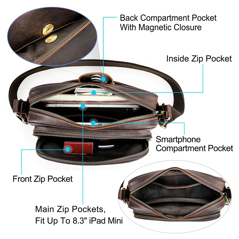 CONTACT'S Genuine Leather Small Messenger Bag Vintage Male Crossbody Bag Travel Sling Shoulder Bags Designer Handbag Bolso