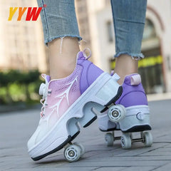 Four-Wheel Dual-Use Skating Shoes Double-Row Roller Student Men's Casual Sneakers Women's Men's Sport Walking Running Shoes