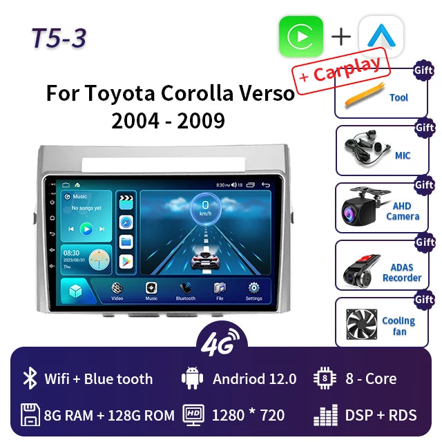 9" Android Car Radio for Toyota Corolla Verso AR10 2004-2009 Multimedia Player 2Din Carplay Video Stereo Headunit Audio Wifi 4G