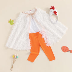 Toddler Kids Girls Halloween Chicken Costume Romper Pants Feather Cape Chicken Headband Cosplay Costume