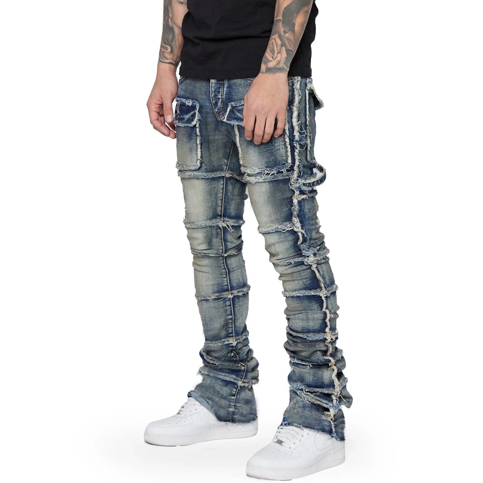 Men's Slim Fit Ripped Jeans Distressed Patchwork Stacked Straight Leg Stretch Denim Pants with Pockets Retro Streetwear