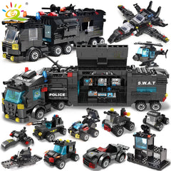 HUIQIBAO SWAT Police Station Truck Model Building Blocks City Machine Helicopter Car Figures Bricks