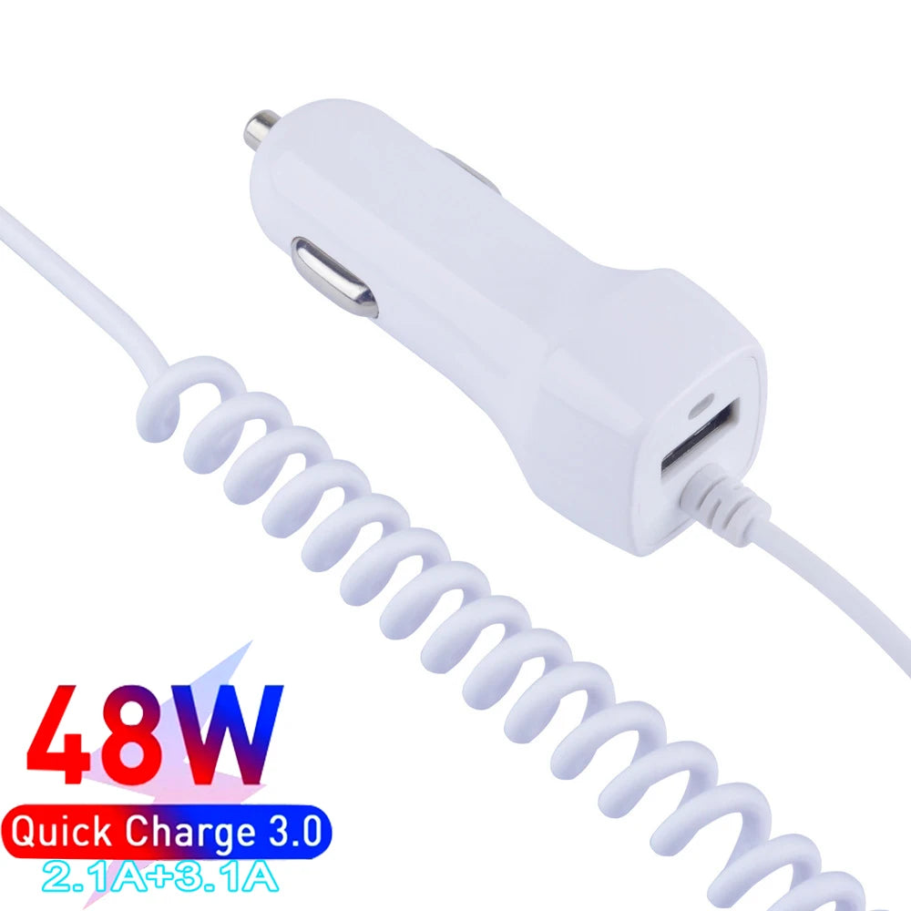 48W USB Fast Car Charger Stretch Cable Adapter for IPhone13 12 11 14 Pro Max Samsung Galaxy Note20 Android Type-c car Charger