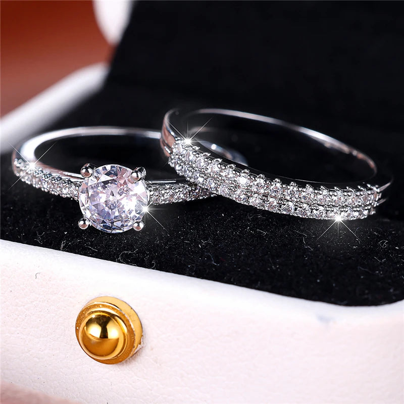 Zircon Stone Engagement Ring Set Cute Silver Color Wedding Jewelry For Women