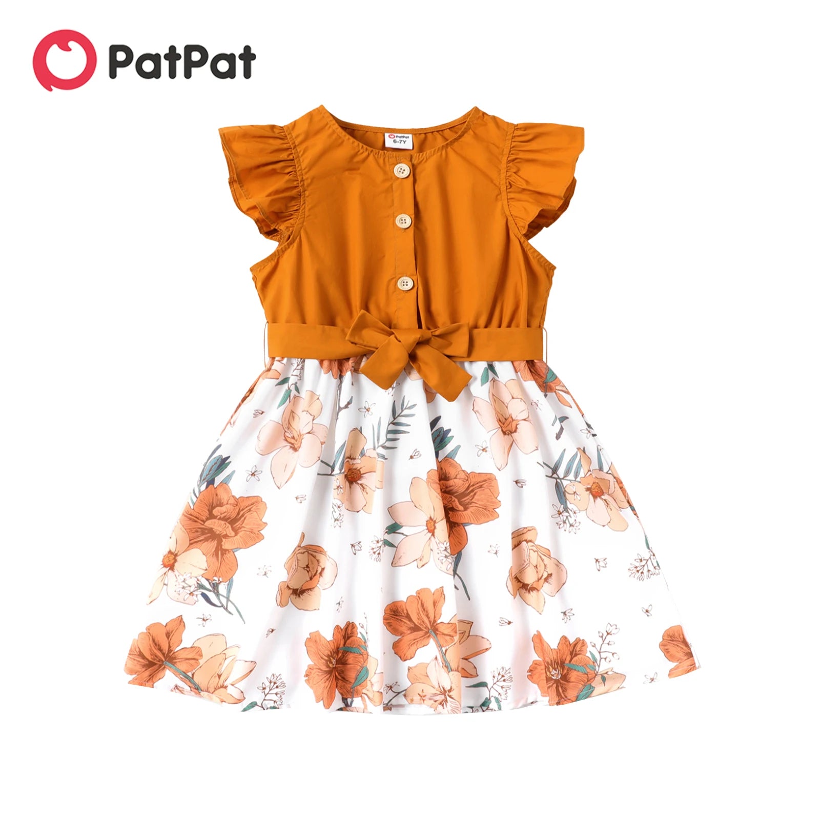 PatPat Kid Girl Floral Print Splice Flutter-sleeve Belted Dress