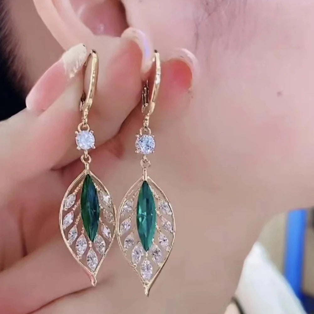 New Fashion Golden Leaves Earrings Earrings for Women Green Crystal Earrings