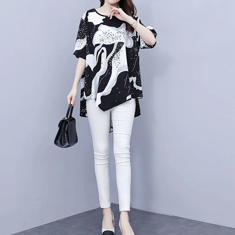 Female Casual Korean Printed Irregular T-shirt