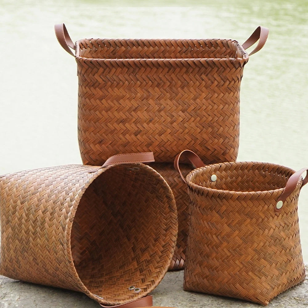 Foldable Woven Storage Basket with PU Handles Imitation Rattan Wicker Box Home Decor