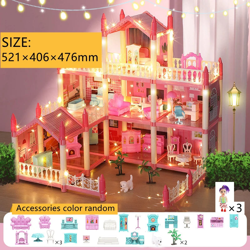 3d Assembly Diy Doll House Miniature Model Doll House Accessories Villa Princess Castle Led Lights