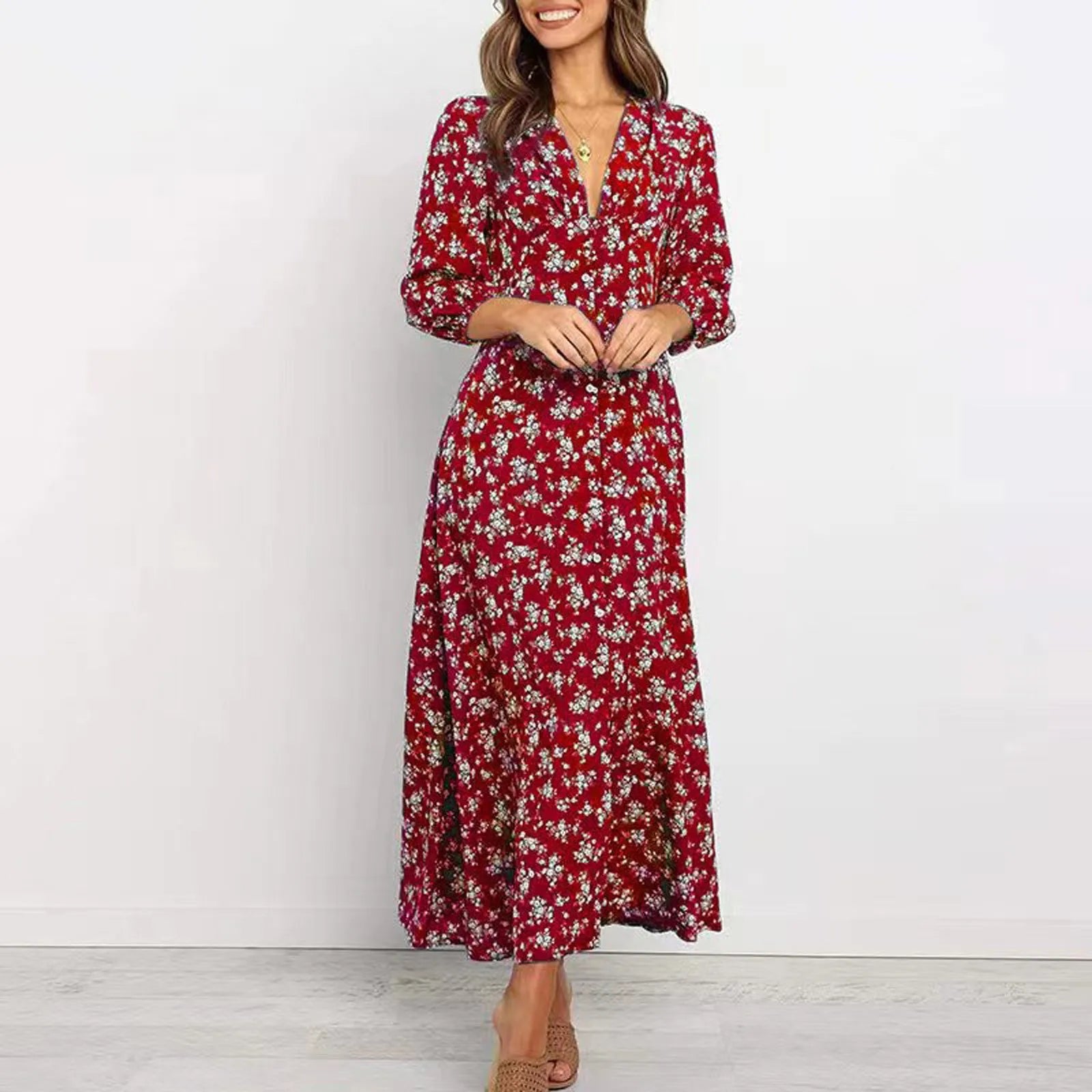 Women's Long Sleeve Bohemian Floral Maxi Dresses Loose Casual High Waist Boho Printed Maxi Dress