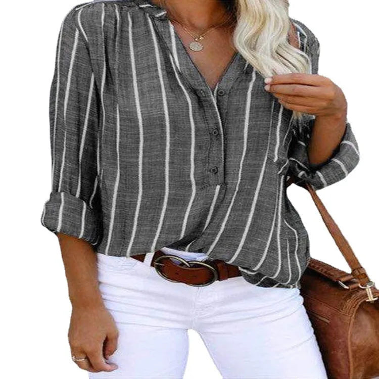 Women's New Spliced V-neck Button Pocket Striped Simple and Fashionable Printed Striped Shirt