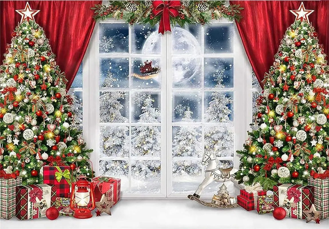 Merry Christmas Xmas Home Background Window Red Curtain Photography Backdrops Lights Baby Shower Jesus Custom Birthday Backdrop