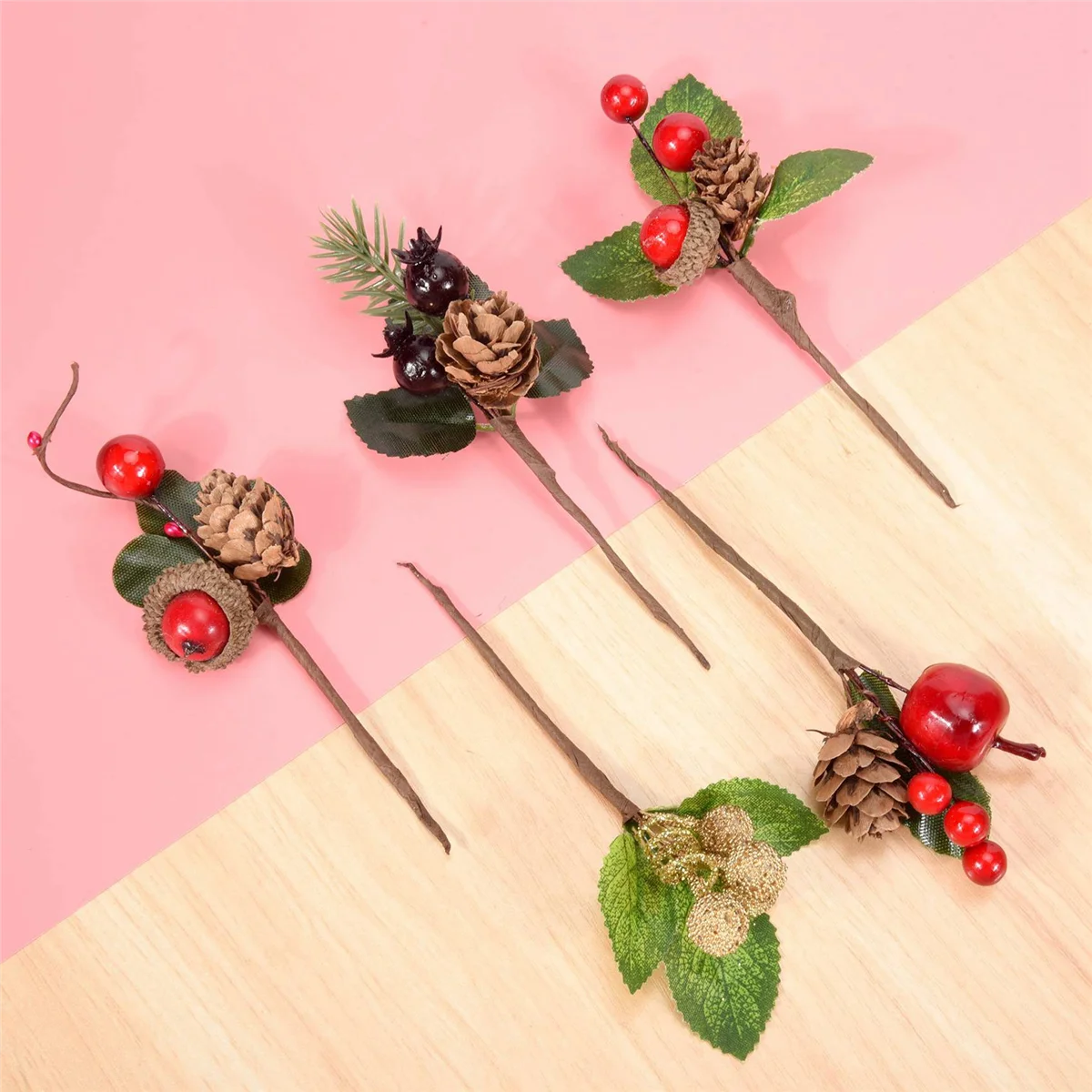 Red Christmas Berry and Pine Cone Picks with Holly Branches for Holiday Floral Decor Flower Crafts