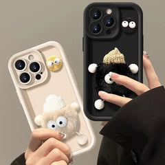 Cute 3D Fluffy Plush Coal Ball Phone Case For Motorola Moto G34 5G G04 G22 G24 4G Moto E13 G53 G10 G30 Lens Protect Soft Cover