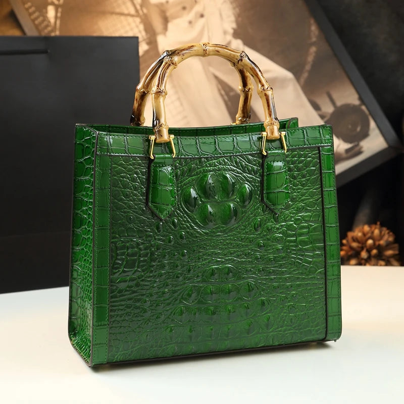 Brand Genuine Leather Bamboo Women's Bag Crocodile Pattern Ladies Handbag