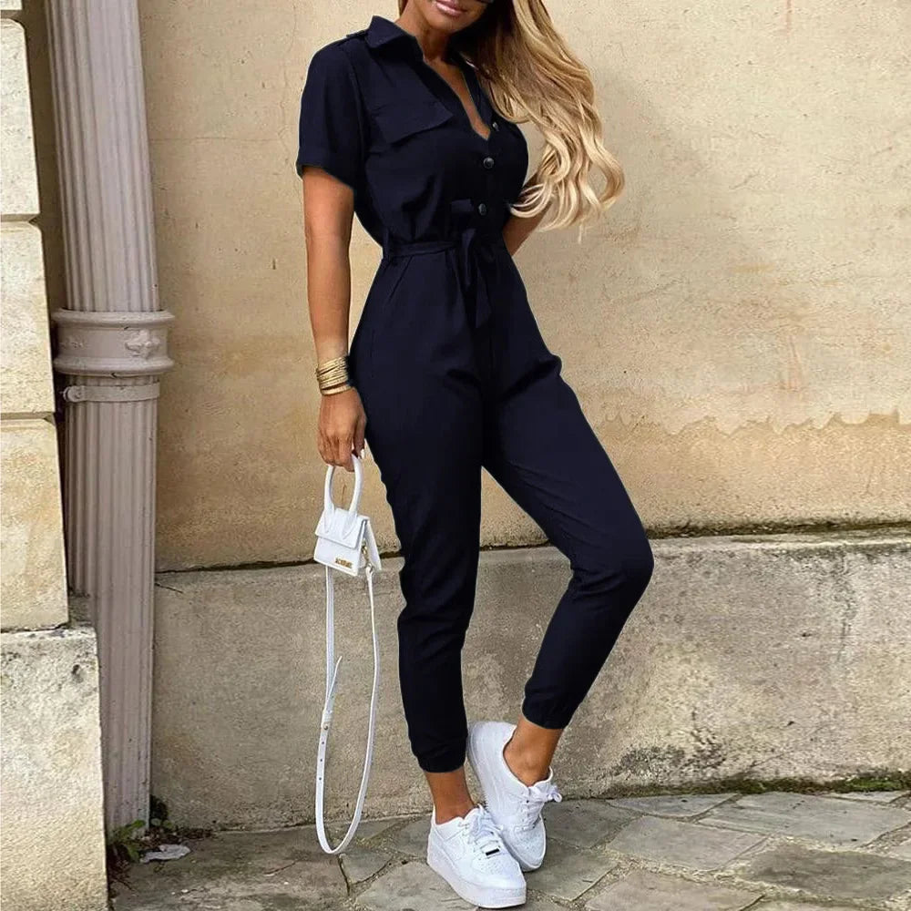 Women's Monochromatic Belt Workwear Jumpsuit