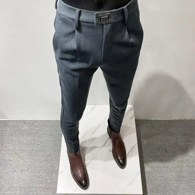 Autumn Winter Thickened Woolen Suit Pant High Quality Men Business Slim Striped Trousers Formal Wear Office Social Dress Pants