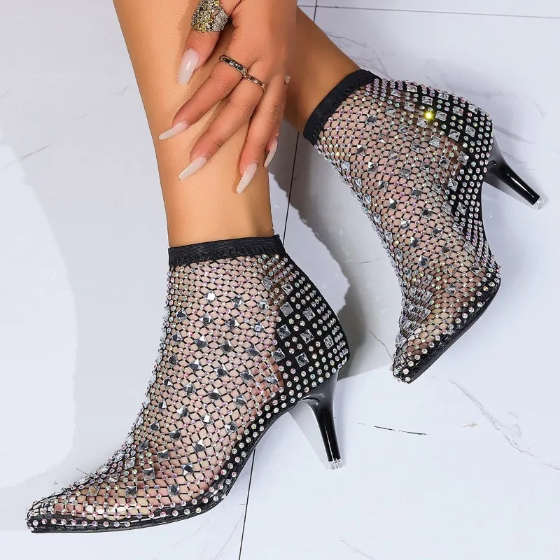 Women Hollow Out Full Sandals Rhinestone Mesh Summer Ankle Boots Pointed Toe Fashion Shoes