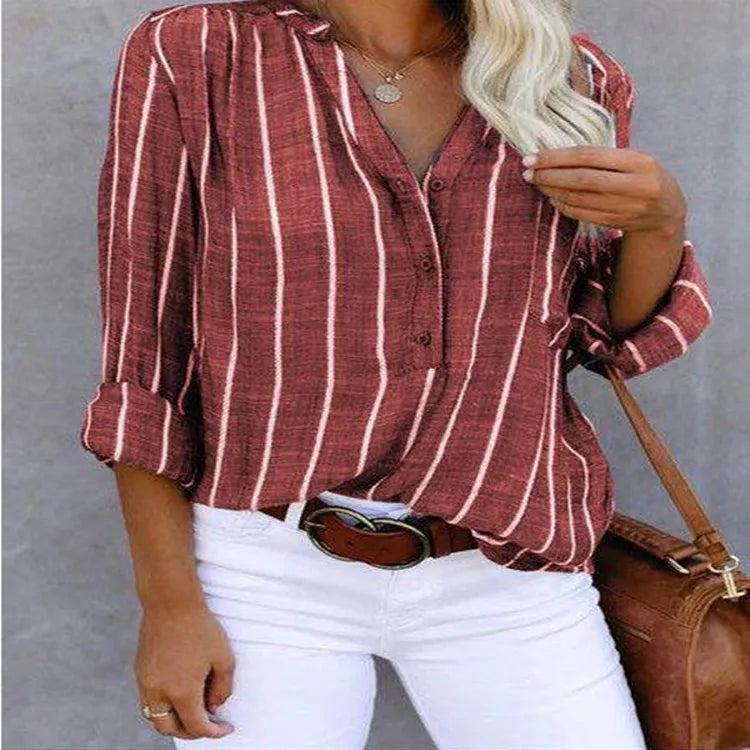 Women's New Spliced V-neck Button Pocket Striped Simple and Fashionable Printed Striped Shirt