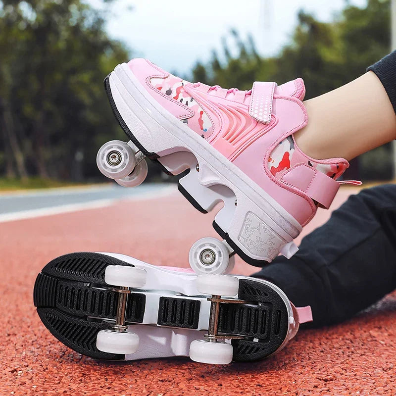 Child's 4-wheel Dual-purpose Roller Shoes Outdoor Kids Deformed Shoes With Wheels Fashion Parkour Sneakers For Girls From Gift